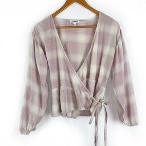 Express Long Sleeve Wrap Top in Pink Flannel Plaid